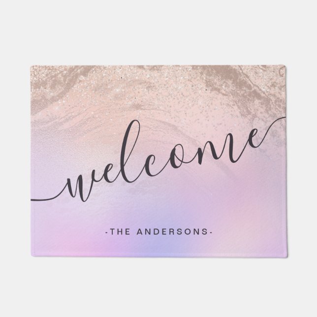 Elegant modern gradient rose gold glitter purple doormat (Front)