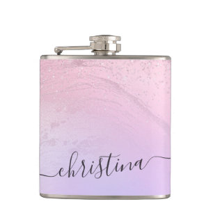 Elegant modern gradient rose gold glitter purple hip flask