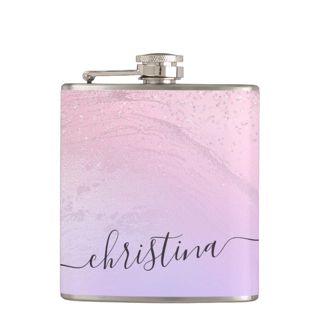 Elegant modern gradient rose gold glitter purple hip flask (Front)