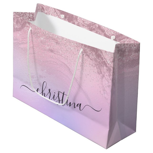 Elegant modern gradient rose gold glitter purple large gift bag (Front Angled)