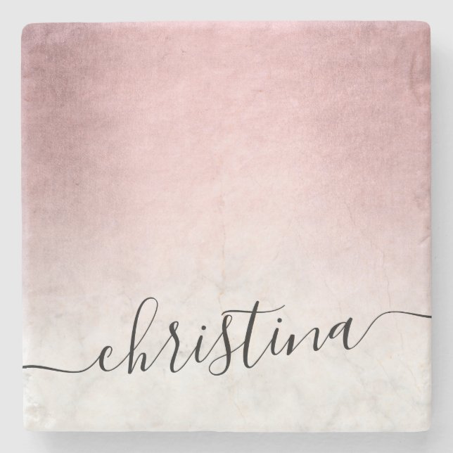 Elegant modern gradient rose gold white marble stone coaster (Front)