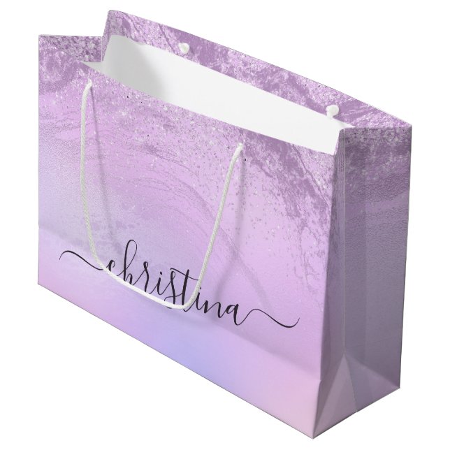 Elegant modern gradient violet glitter marble large gift bag (Front Angled)