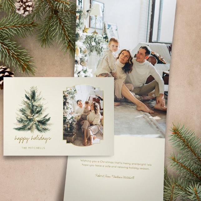 Elegant Modern Green and Gold Christmas Tree Photo Tri-Fold Holiday Card (Creator Uploaded)