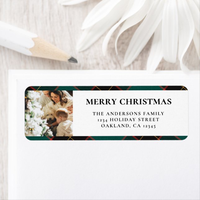 Elegant Modern Green Buffalo Plaid Christmas Return Address Label (Insitu)