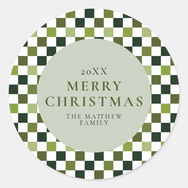 Elegant Modern Green Check Christmas Classic Round Sticker (Front)