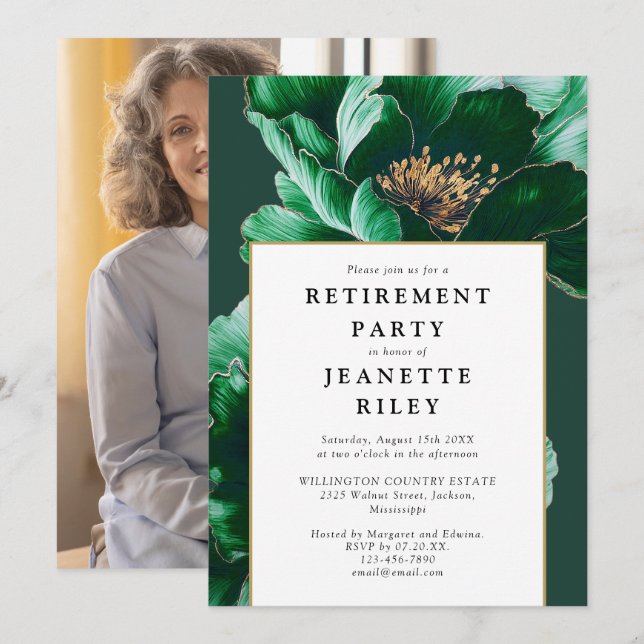 Elegant Modern Green Floral Retirement Party Photo Invitation (Front/Back)