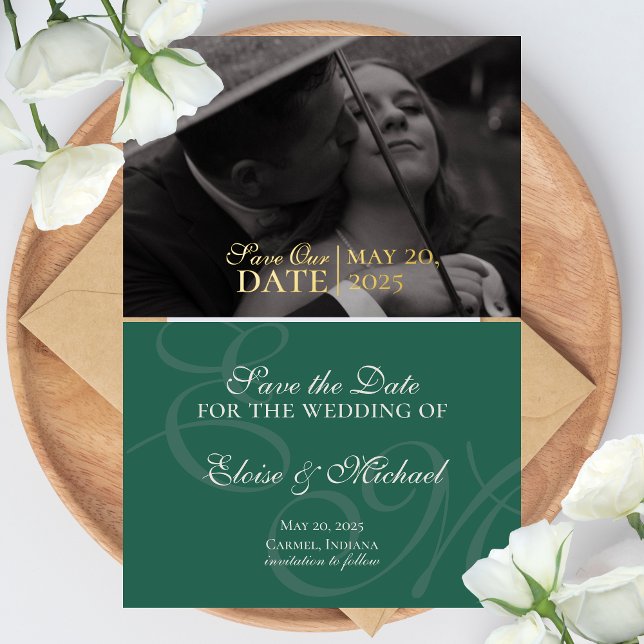 Elegant Modern Green Foil Wedding Save the Date (Modern Elegant Sage Green Wedding Suite Theme with options to personalize for your special day.)