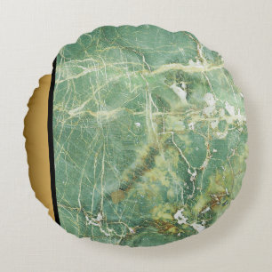 Elegant Modern Green Gold Marble Stone Pattern  Round Cushion