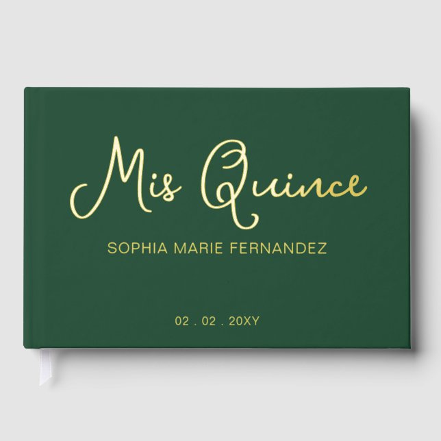Elegant Modern Green Gold Photo Quinceañera Guest Book (Front)