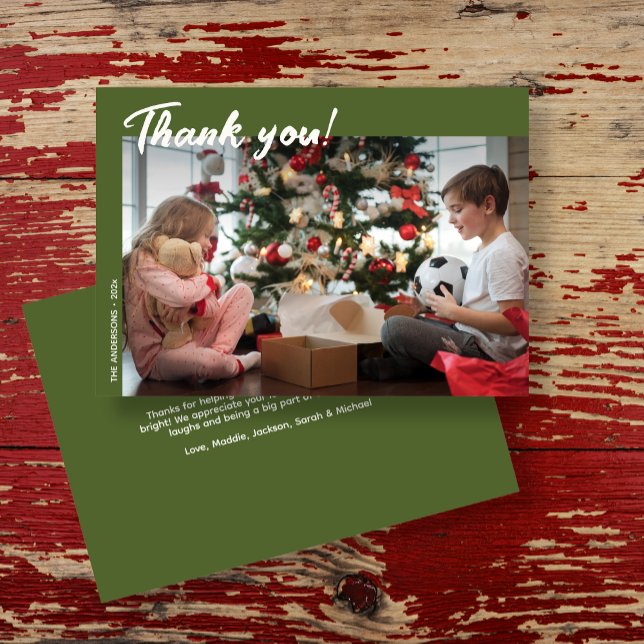 Elegant Modern Green Holiday Photo Thank You Card (Creator Uploaded)