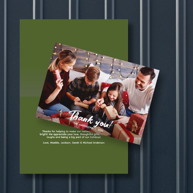 Elegant Modern Green Holiday Photo Thank You Card (Creator Uploaded)