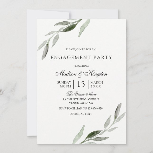 Elegant Modern Green Leaf Engagement Party Invitation (Front)