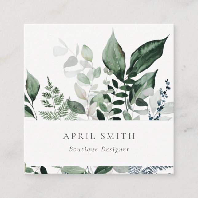 Elegant Modern Green Leafy Tropical Foliage Fern Square Business Card (Front)