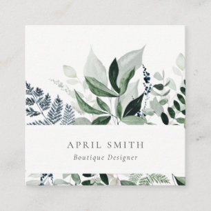 Elegant Modern Green Leafy Tropical Foliage Fern Square Business Card