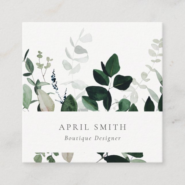 Elegant Modern Green Leafy Tropical Foliage Fern Square Business Card (Front)