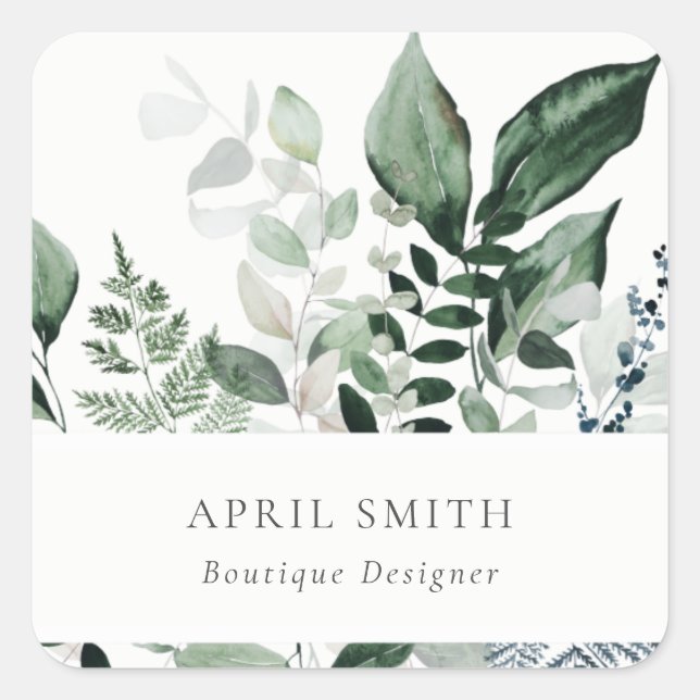 Elegant Modern Green Leafy Tropical Foliage Fern Square Sticker (Front)