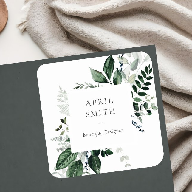 Elegant Modern Green Leafy Tropical Foliage Fern Square Sticker (Creator Uploaded)