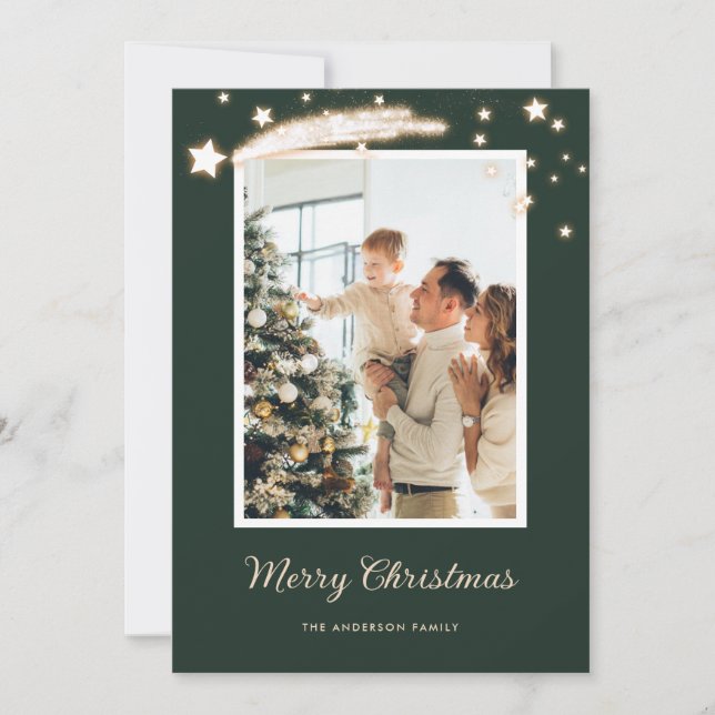 Elegant Modern Green Stars Photo Christmas Cards (Front)