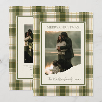 Elegant modern green striped plaid christmas card
