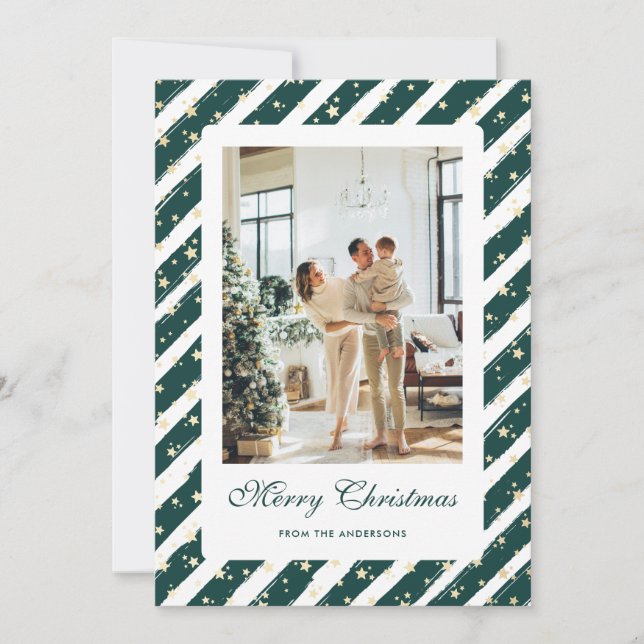 Elegant Modern Green White Photo Merry Christmas Holiday Card (Front)