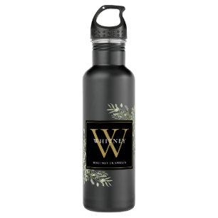 Elegant Modern Greenery Black Gold Monogram 710 Ml Water Bottle
