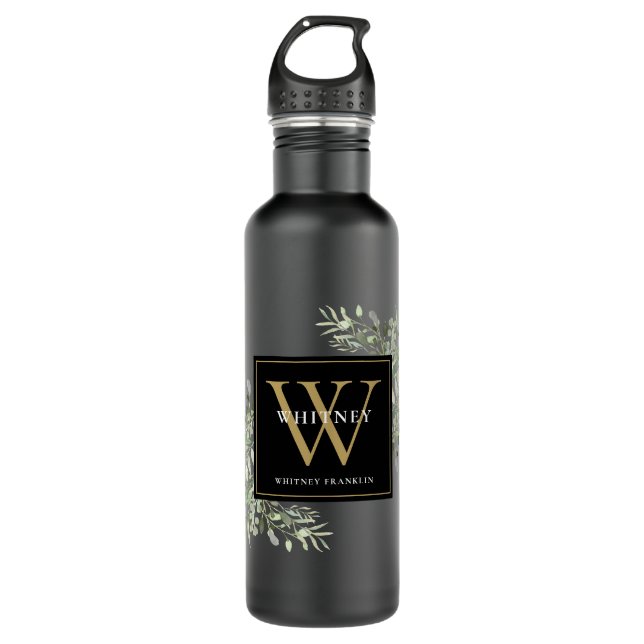Elegant Modern Greenery Black Gold Monogram 710 Ml Water Bottle (Front)