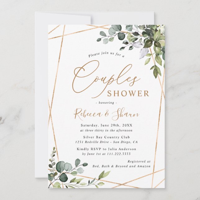 Elegant Modern Greenery Gold Couples Shower Invitation (Front)