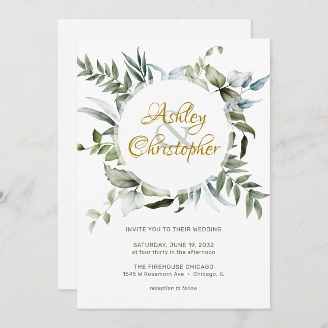 Elegant Modern Greenery Script Wedding Invitation (Front/Back)