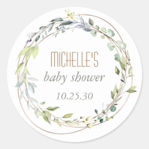 Elegant Modern Greenery Watercolor, Baby Shower Classic Round Sticker
