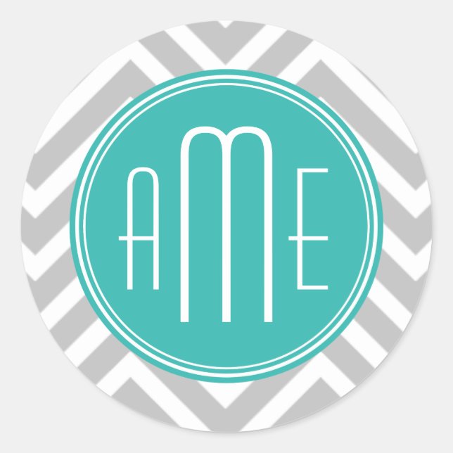 Elegant Modern Grey Chevron and Mint Monogram Classic Round Sticker (Front)