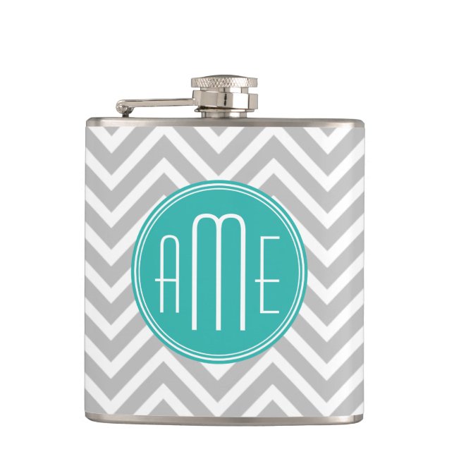 Elegant Modern Grey Chevron and Mint Monogram Hip Flask (Front)