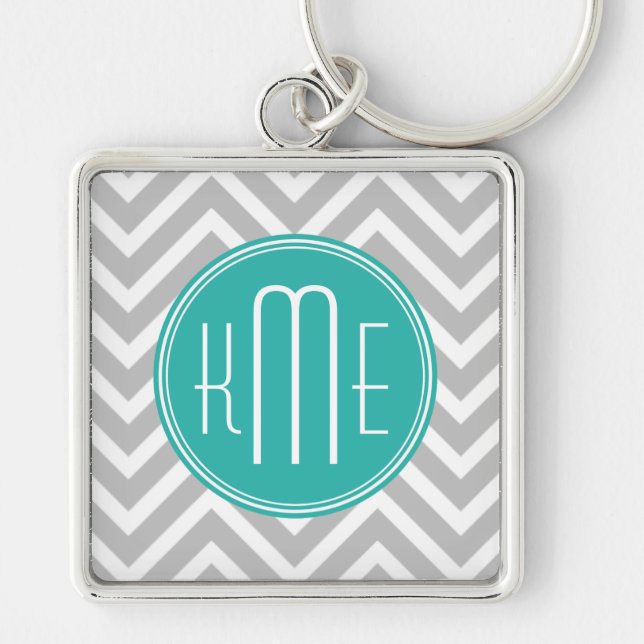 Elegant Modern Grey Chevron and Mint Monogram Key Ring (Front)