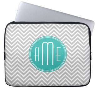 Elegant Modern Grey Chevron and Mint Monogram Laptop Sleeve