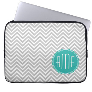 Elegant Modern Grey Chevron and Mint Monogram Laptop Sleeve