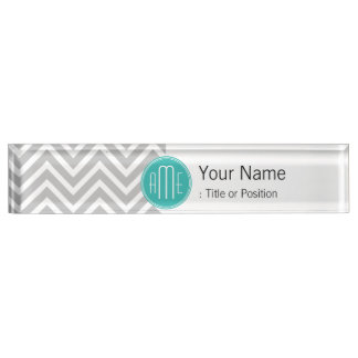 Elegant Modern Grey Chevron and Mint Monogram Nameplate