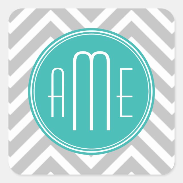 Elegant Modern Grey Chevron and Mint Monogram Square Sticker (Front)