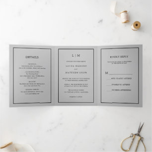 Elegant Modern Grey Monogram Simple Wedding Tri-Fold Invitation