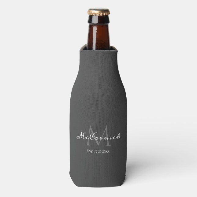 Elegant Modern Grey Script Monogram Wedding Favour Bottle Cooler (Bottle Front)