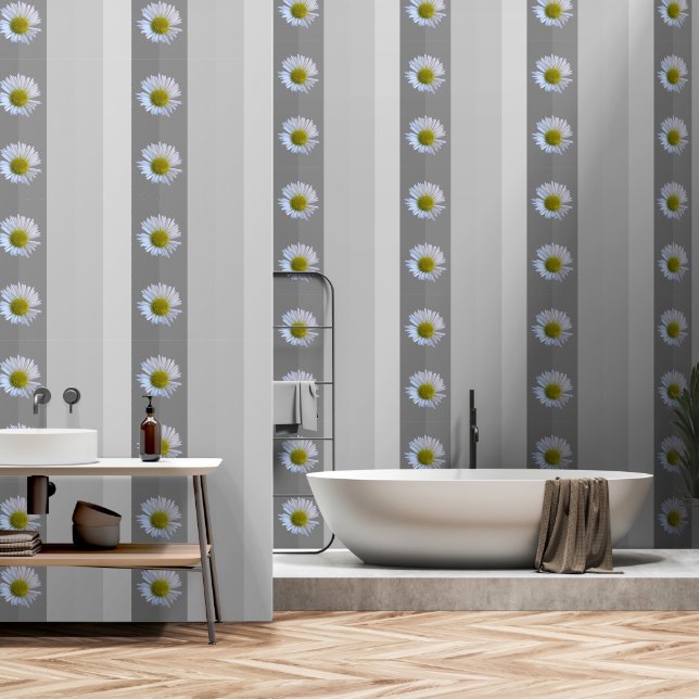 Elegant Modern Grey Stripes Daisy Flower Pattern Wallpaper (Bathroom)