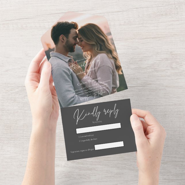 Elegant modern grey wedding photo with RSVP All In One Invitation (Tearaway)