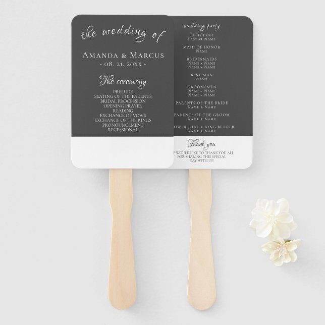Elegant Modern Grey Wedding Program Hand Fan (Front and Back)
