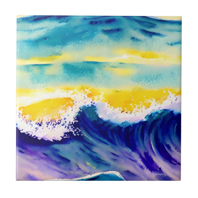 Elegant modern hand painted Ocean Wave Sunlight Ceramic Tile (Front)