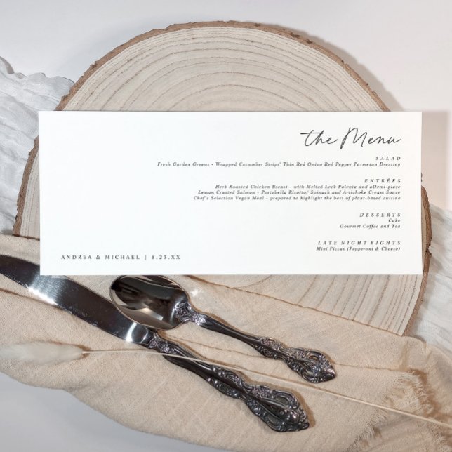 Elegant Modern Handwriting Horizontal Wedding Menu (Horizontal wedding menus - modern, elegant and simple custom wedding menus)