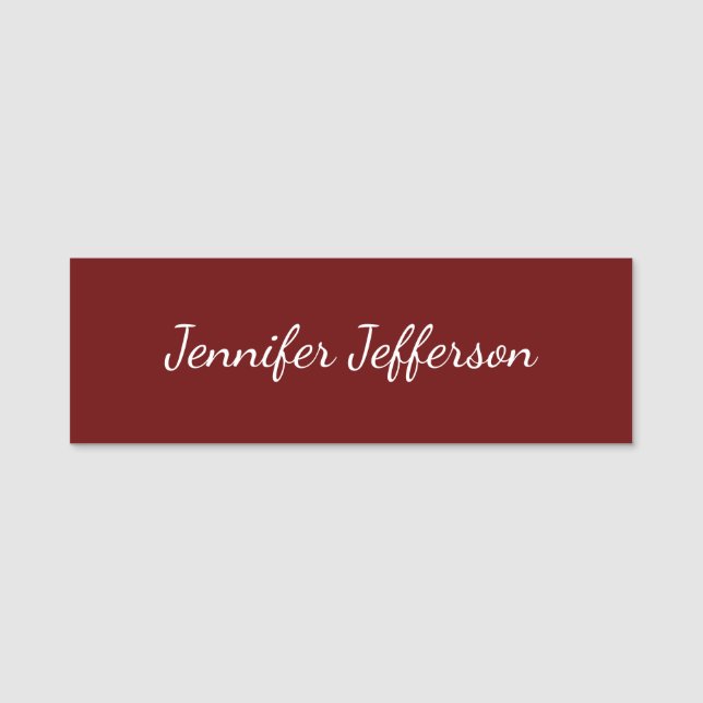 Elegant Modern Handwriting Professional Dark Red Name Tag (Front)