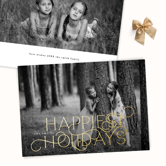 Elegant Modern Happiest Holidays 2 photo Foil Holiday Card (Creator Uploaded)