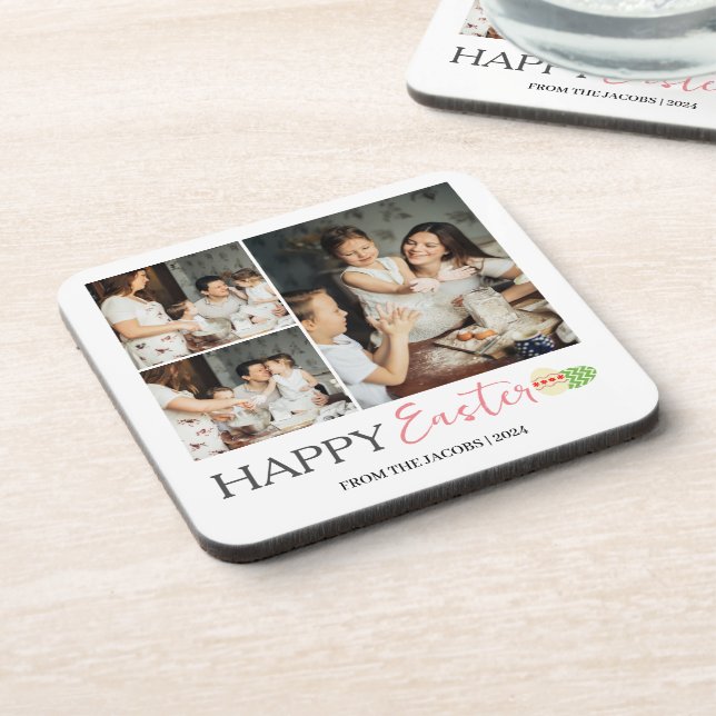 Elegant Modern Happy Easter Eggs, family 3 photo  Coaster (Left Side)