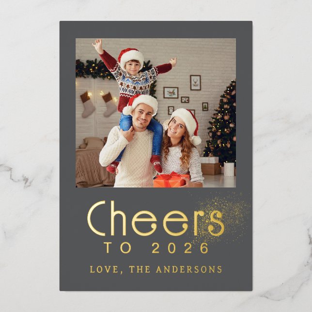 Elegant Modern Happy New Year 2026 Family Photo Foil Holiday Card (Front)