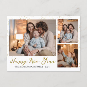Elegant Modern Happy New Year 3 Multi Photo Holiday Postcard