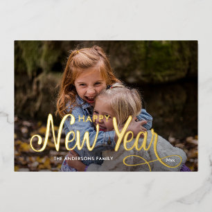 Elegant Modern Happy New Year 3 Photos Script   Fo Foil Holiday Card