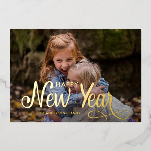 Elegant Modern Happy New Year 3 Photos Script   Foil Holiday Card (Front)